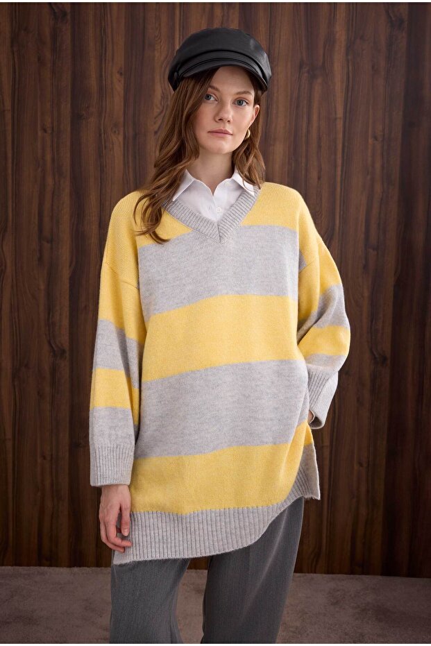 Striped V-Neck Sweater Light Gray-Soft Yellow