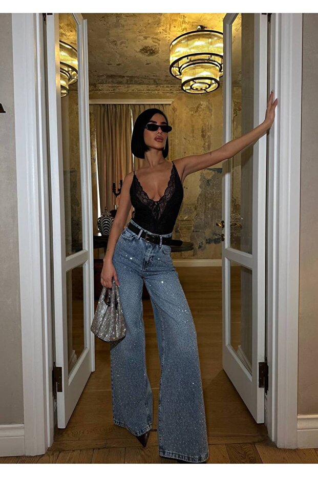 Women's Shiny Stone-Embellished Loose-Leg Denim Pants