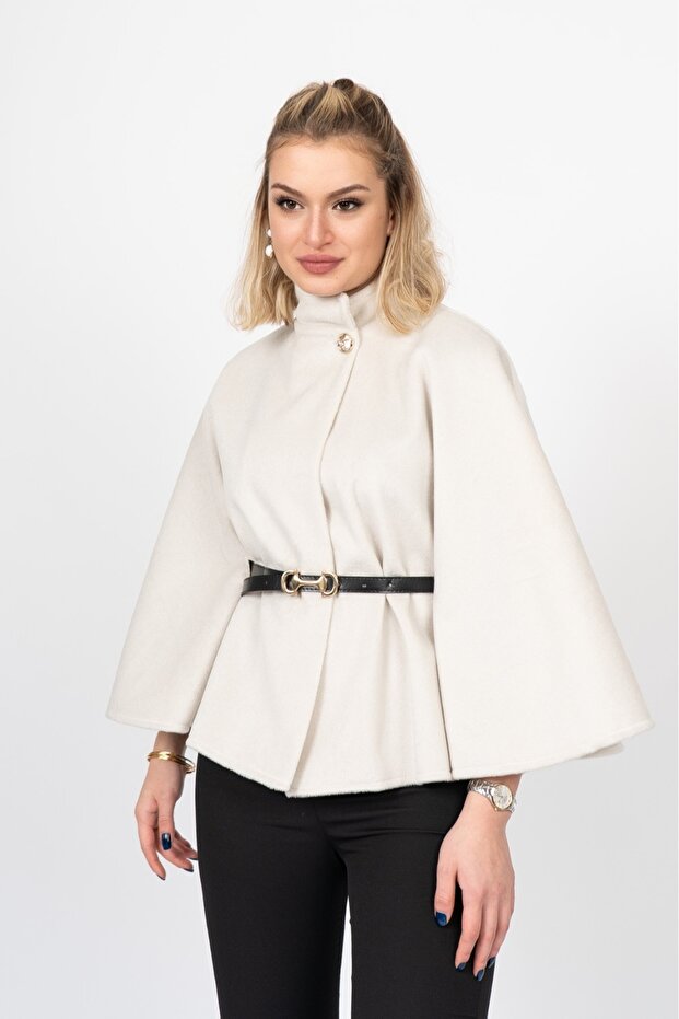 Women's Winter Stone High Collar Belted Short Poncho Stylish Daily Comfortable 2620