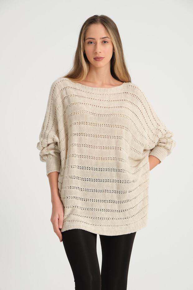 Women's Beige Italian Perforated Bat Sleeve Knitwear Sweater