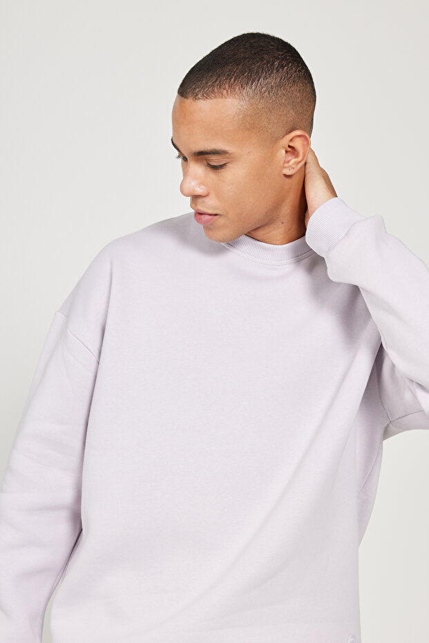 Lila Oversize Fit Bol Kesim Pamuklu Içi Polarlı 3 Iplik Bisiklet Yaka Sweatshirt - 4