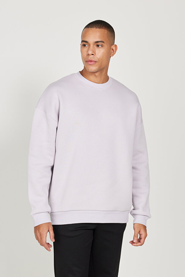 Lila Oversize Fit Bol Kesim Pamuklu Içi Polarlı 3 Iplik Bisiklet Yaka Sweatshirt - 1