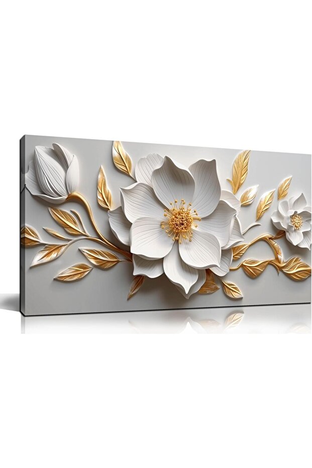 Framed Canvas Wall Art (60x120 cm) White Gold Flower Botanical Modern Home Decor