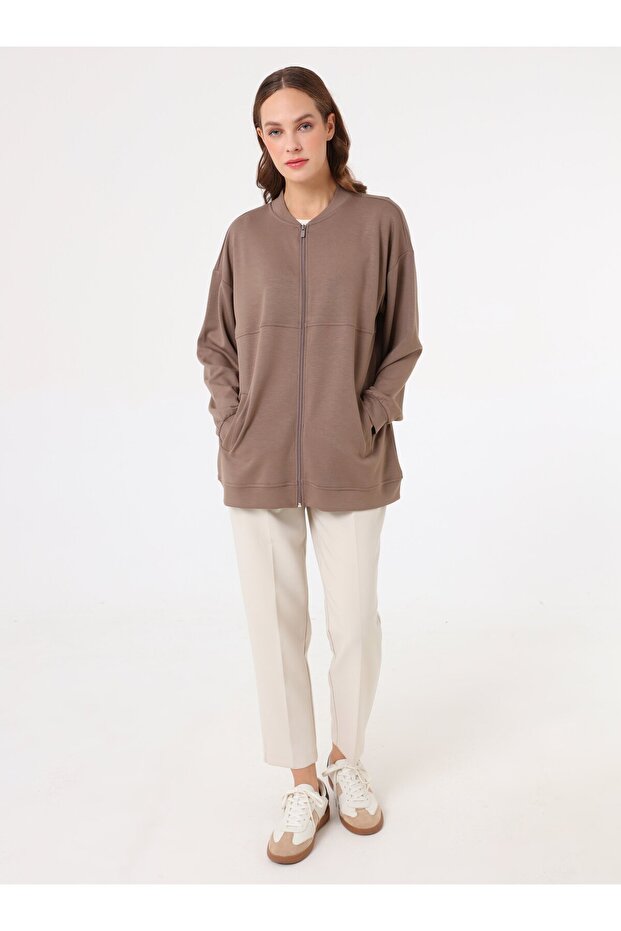 Basic Tasarım Dökümlü Sweatshirt - Vizon - - 2