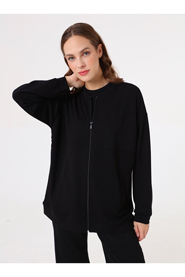 Basic Tasarım Dökümlü Sweatshirt - Siyah - - 1