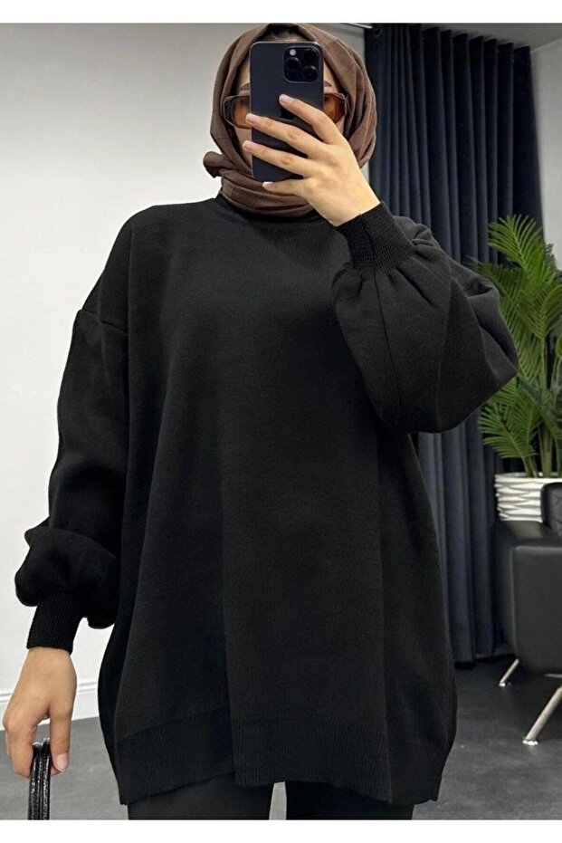 Women's Half-High Neck Balloon Sleeve Oversized Knitwear Sweater Suitable for Hijab
