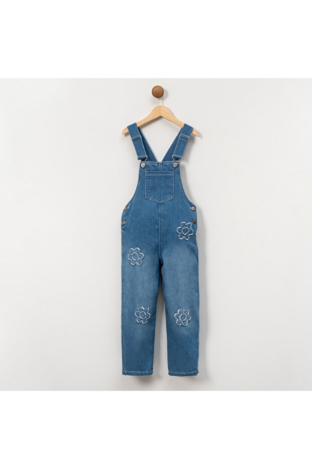 Girl child 5-8 years old daisy themed embroidered denim overalls