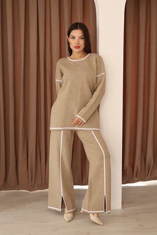 Crew Neck Long Low-Sleeve Striped Basic Sweater Slit Waist-Lined Pants Two-Piece Knitwear Set