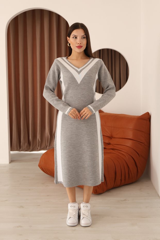 Round V-Neck Long Sleeve Jacquard Paneled Striped Stripe Midi Length Below Knee Winter Knitwear Dress
