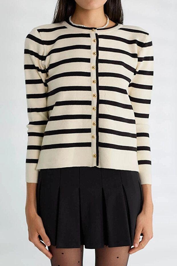 Basic Düğmeli Çizgili Uzun Kollu İnce Triko - 3