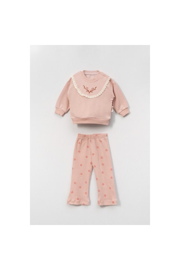 Baby Girl Set with Lace and Embroidery Detail – Sweatshirt & Leggings Bottom