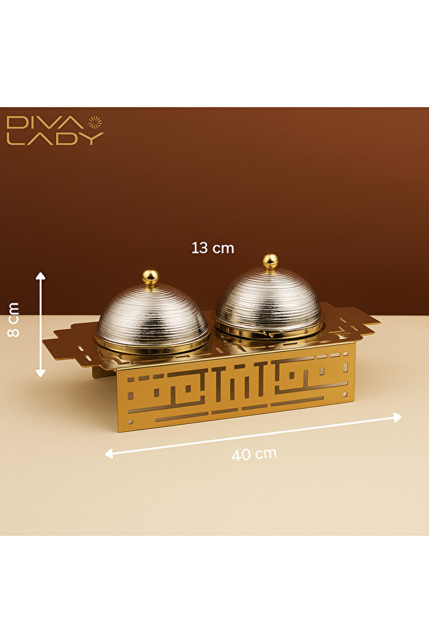 طقم تقديم تمر فاخر (تمريتين) بتصميم ذهبي مميز – طول 40 سم-عرض 18 سم- ارتفاع 8 سم- قطر التمرية 13 سم