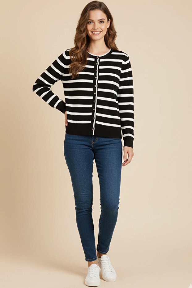 Basic Düğmeli Çizgili Uzun Kollu İnce Triko - 5