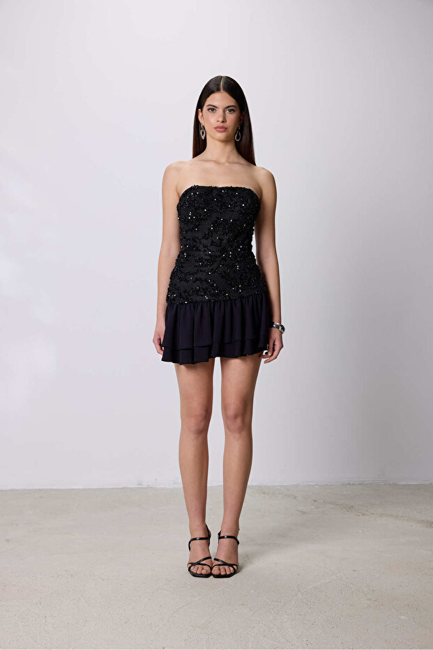 Straplez Pul Payet İşlemeli Mini Elbise - 1