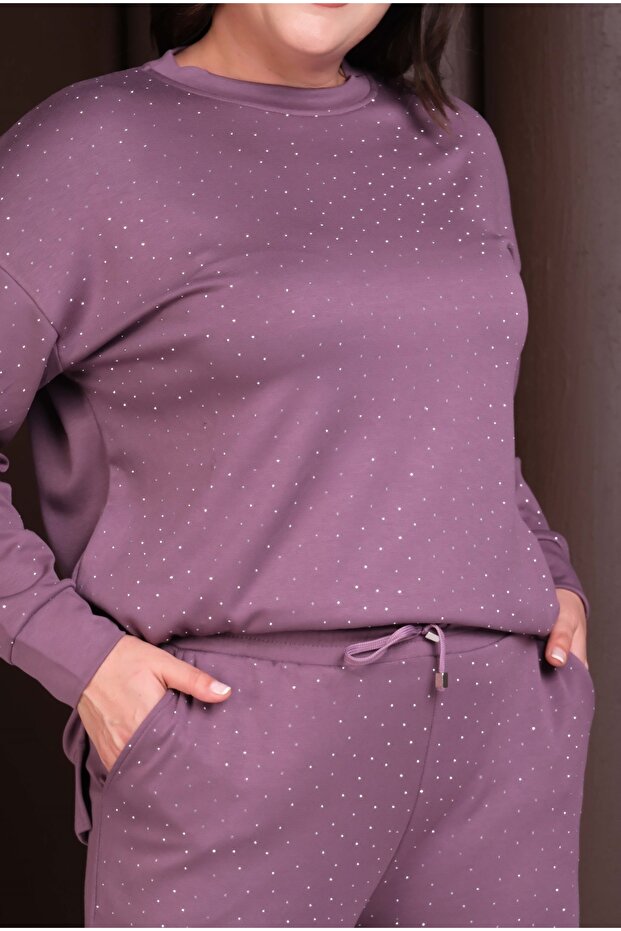 Women's Plus Size Lilac, Crew Neck, Stone Embroidered, Pocketed Tracksuit Set 65N39248