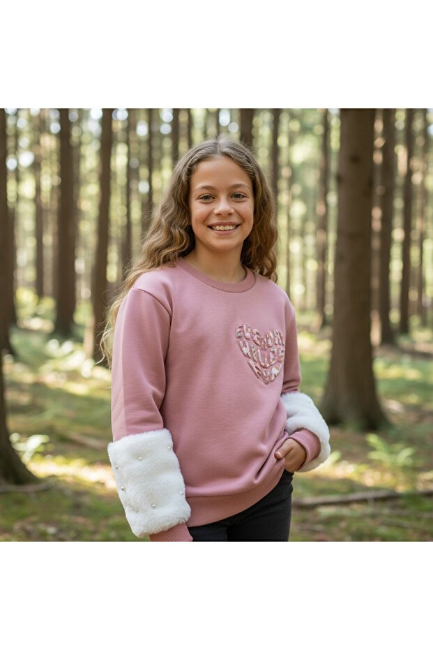 Girls' Sweatshirt White Cute Heart Printed Plush Sleeves Pearl Detailed Cotton Sweatshirt