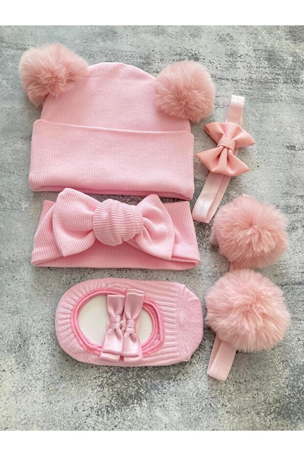 Baby Girl Plush Pompom Beret Ribbed Bandana Set