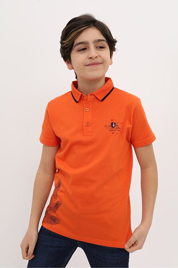 Boy's Printed Polo Neck Buttoned Short Sleeve T-Shirt
