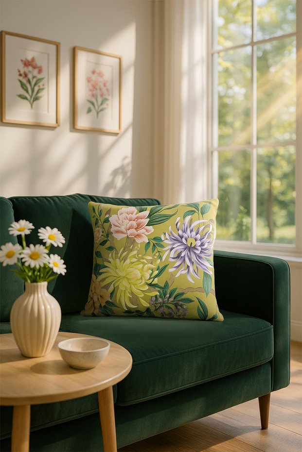 Velvet Floral Cushion Cover Green Pink V1 50X50