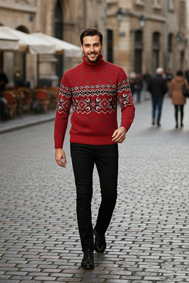Men's Patterned Turtleneck Sweater - 3