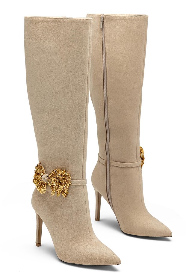 Women's Special Buckle Detailed High Heeled Zippered Suede Evening Dress Boots 1200