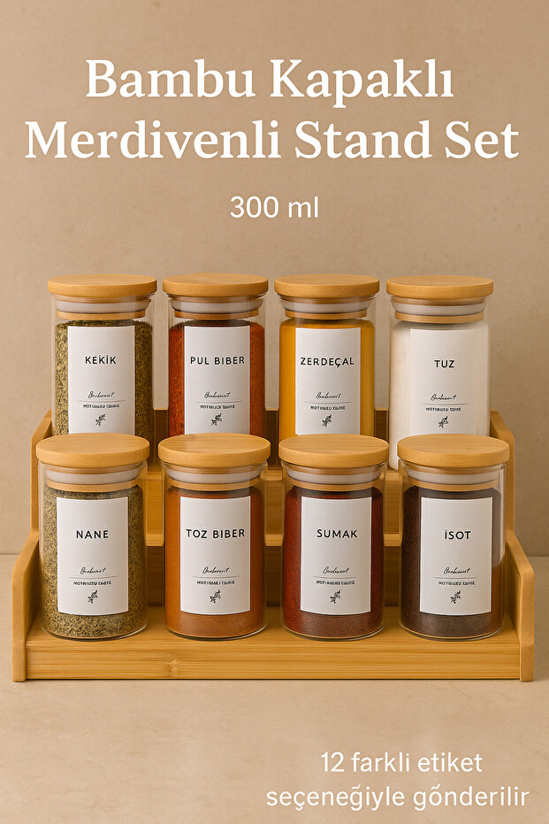 8-Piece Vacuum Spice Jar Set 300 ml – Bamboo 2-Tier Ladder Stand Included