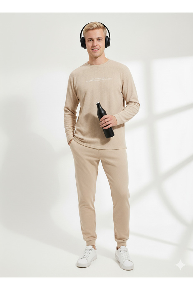 Unisex Corded Fabric Crew Neck Long Sleeve Printed 2-Piece Set