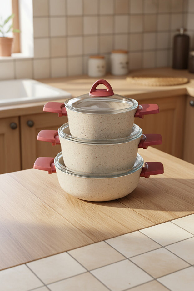 Pluto 7 Parça Granit Tencere Seti Krem - 7