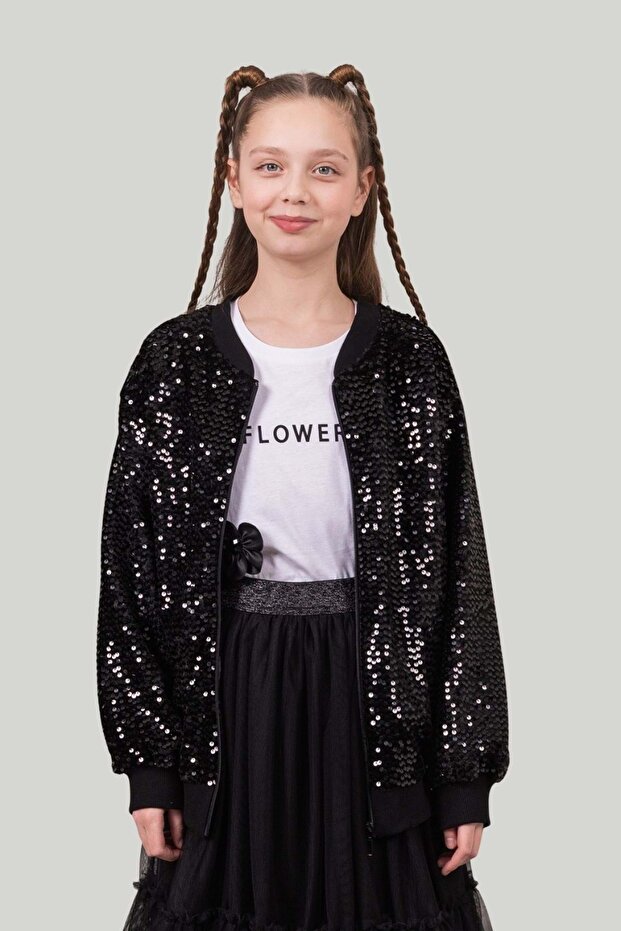 Girls' Sequined Bomber Jacket Sparkling Stylish Cardigan