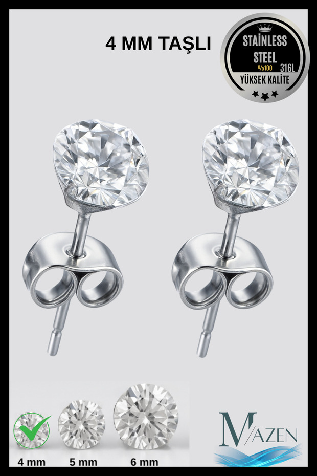 Surgical Steel Single Stone Women Men Earrings |   Flat Model |   4 mm Stone |   Non-Tarnishing Steel Antiallergic