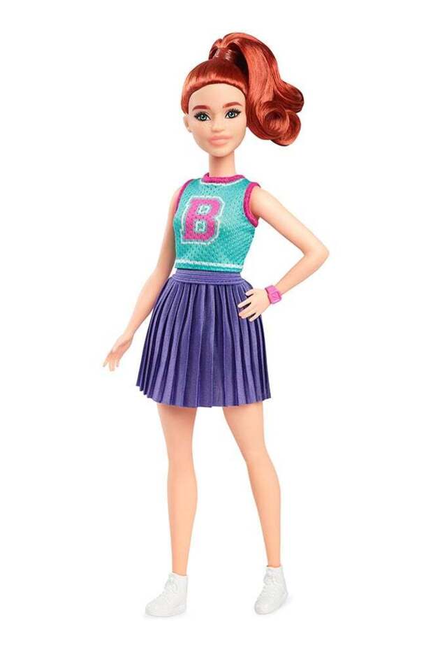 Fashionistas Doll #232 with Red Hair, Wearing Sporty “B” Jersey Top and Pleated Purple Skirt with W