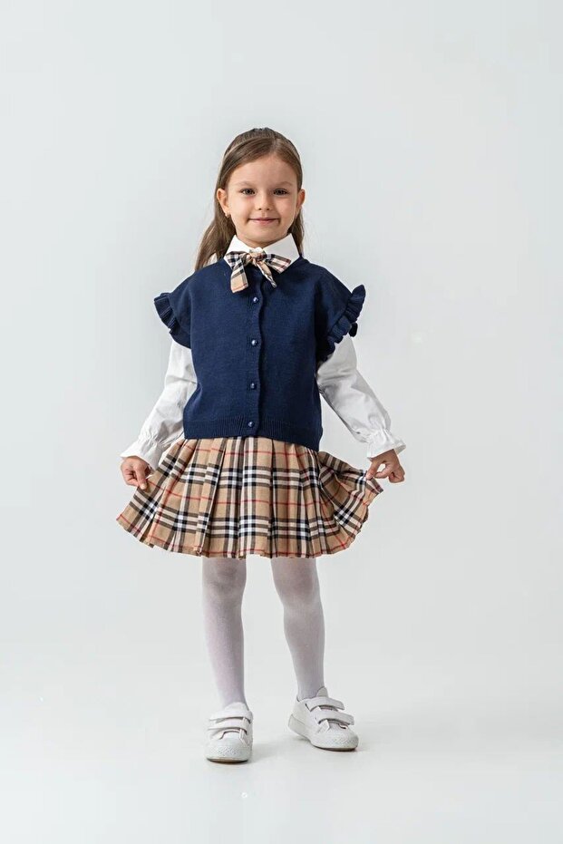 My Little One's Plaid Skirt Combination with a Sweater and Ruffled Sleeves - Navy Blue
