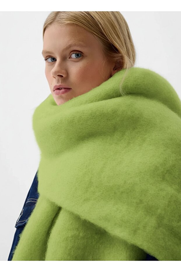 Puffy Soft Thick Tassel Scarf Shoulder Shawl - Lime Green / Oversized Winter Scarf (190X50 cm)