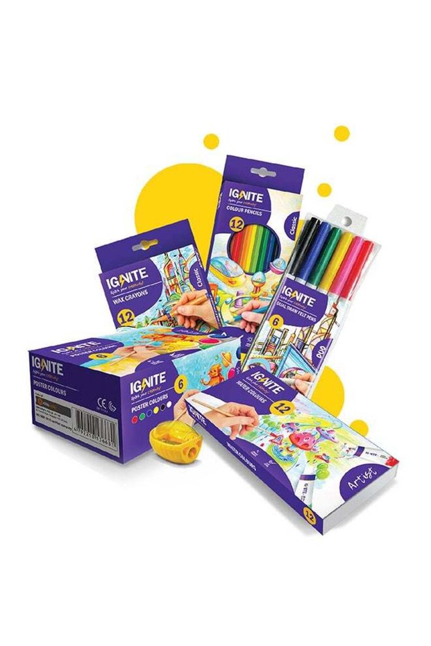 Young Learners Colouring Kit Water Colour 12 Colours, Color Pencils 12 colors, Duo two Tip Felt Pen