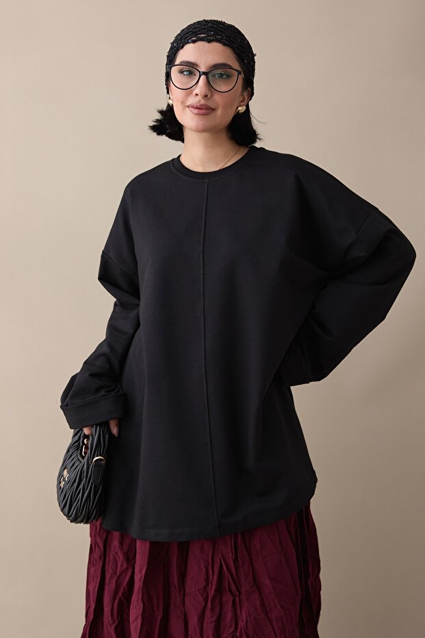 Kolu Katlamalı Oversize Siyah Sweat - 2