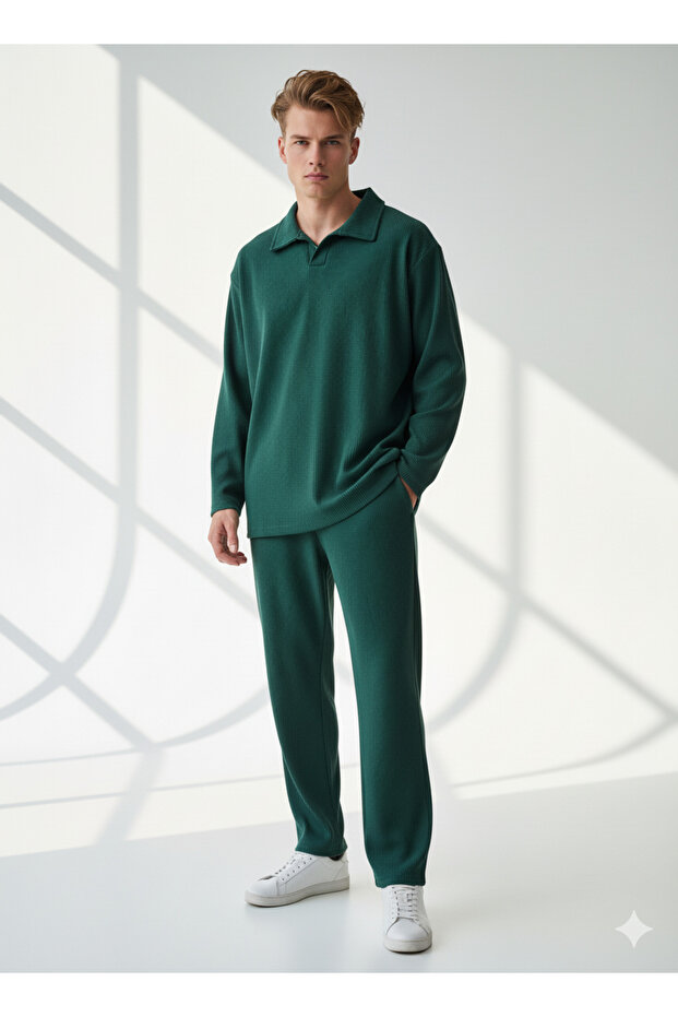 Unisex Corded Fabric Shirt Collar Long Sleeve Pocket Elastic Waist 2-Piece Set
