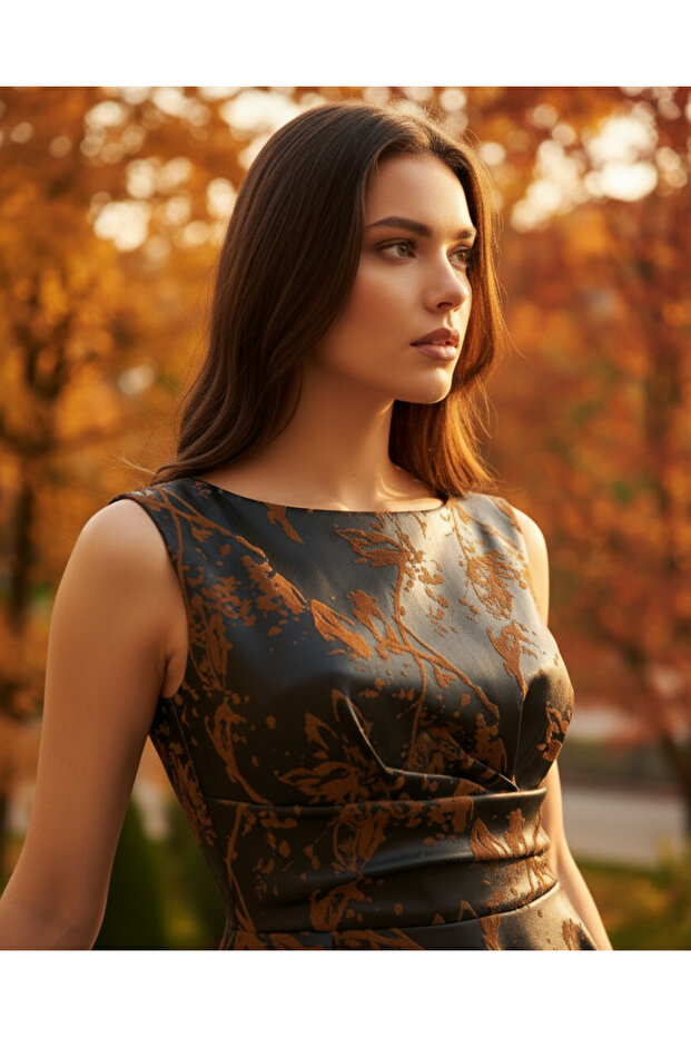 SUNİ DERİ KADİFE İŞLEMELİ SİYAH ELBİSE - 3