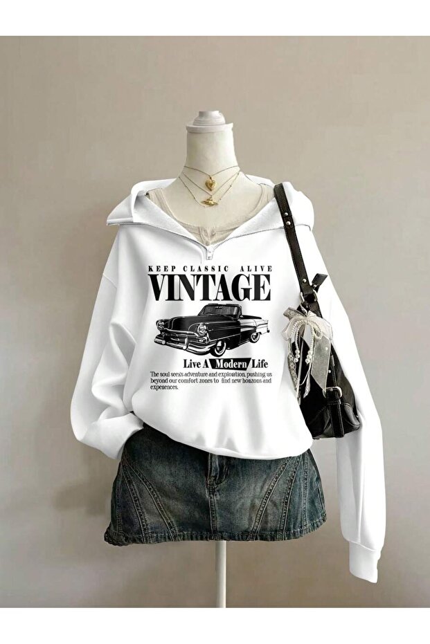 Women's Vintage Car Printed Half Zip Mock Neck Sweatshirt
