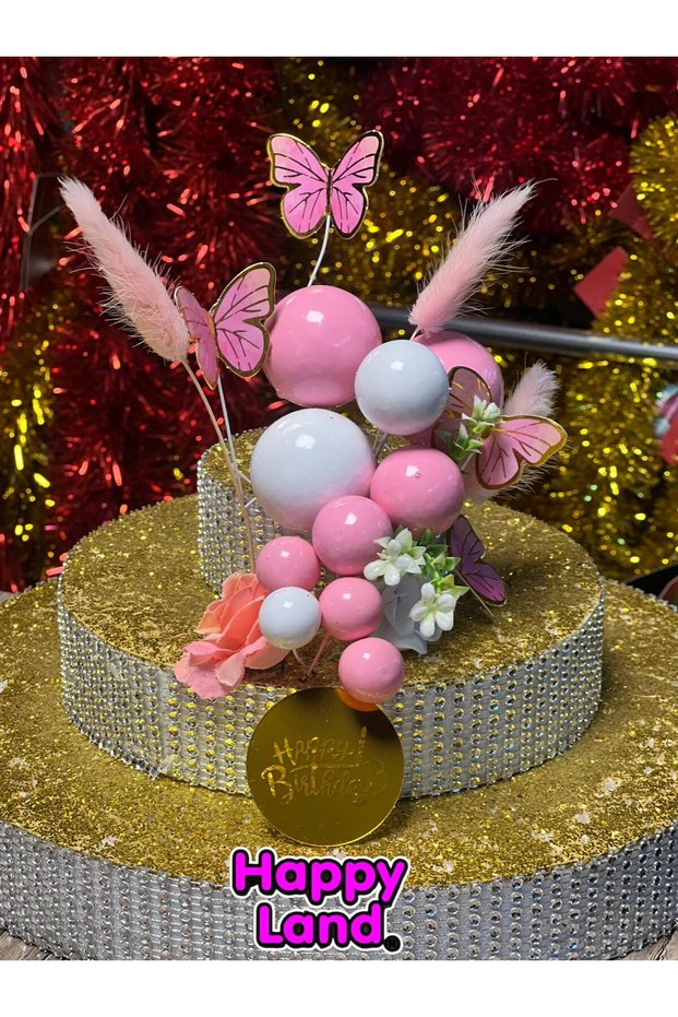 Pink Pasa Ornament 22-Piece Cake Balls, Butterfly, Flower and Feather Happybirthday Decoration Set Hp608