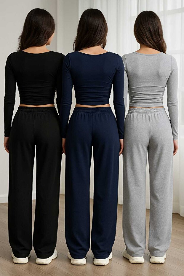 3 (Pieces) Black Gray Navy Blue Product Large Size Loose Cut Flexible Comfortable Fabric Sweatpants
