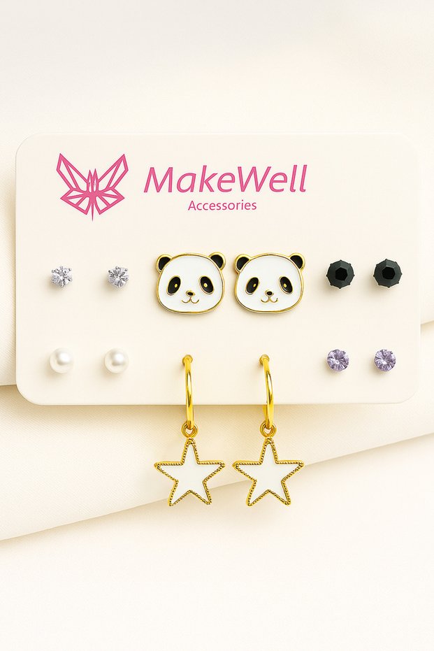 Cherry Cat Bow Butterfly Rainbow Pink White Solitaire Children's Earring Set