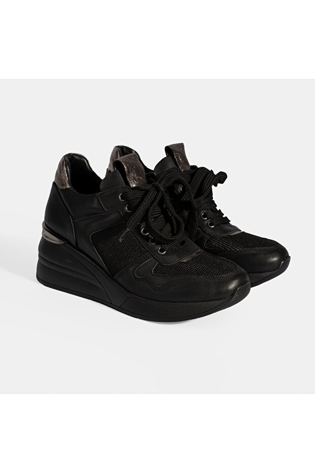 Women's Black Lace-Up Wedge Heeled Sneakers