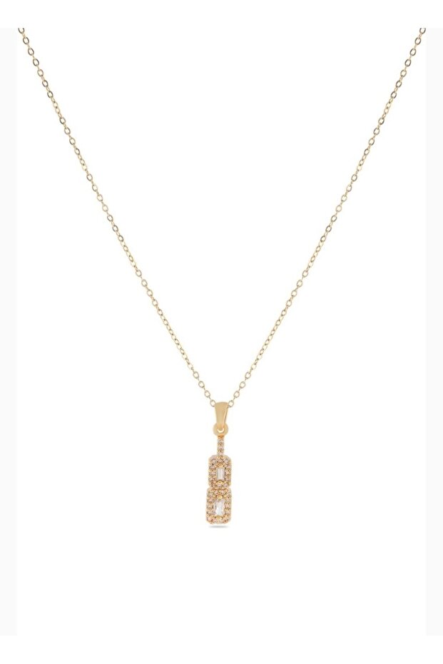 Baguette Stone Detailed Gold Color Steel Necklace