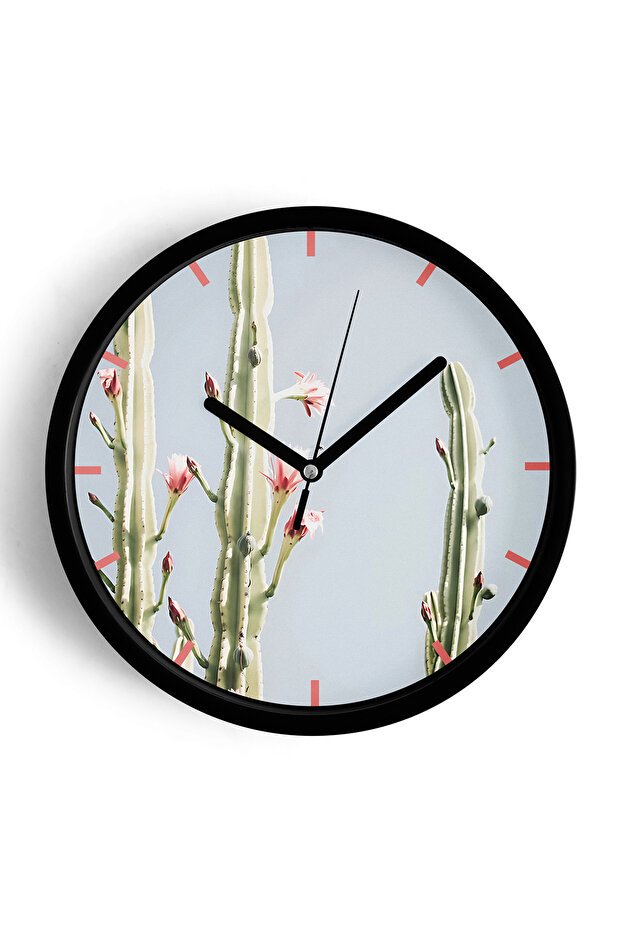 Cactus Flower Modern Wall Clock - 42cm - Black Case with Glass Front - Silent Mechanism