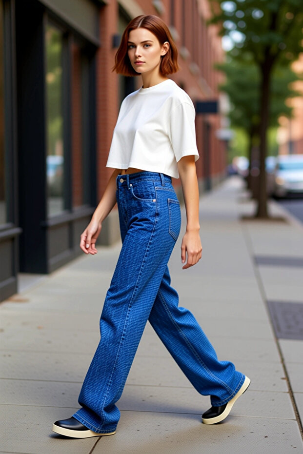 Women's Textured Wide Leg Jean Pants Functional Durable Quality Comfortable Aesthetic Modern