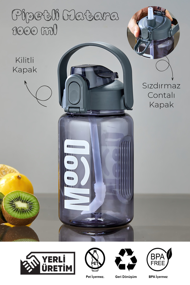 Sports Water Bottle - 1000 ml with Straw, Lockable Lid, Water Leak-Proof Design - Gray