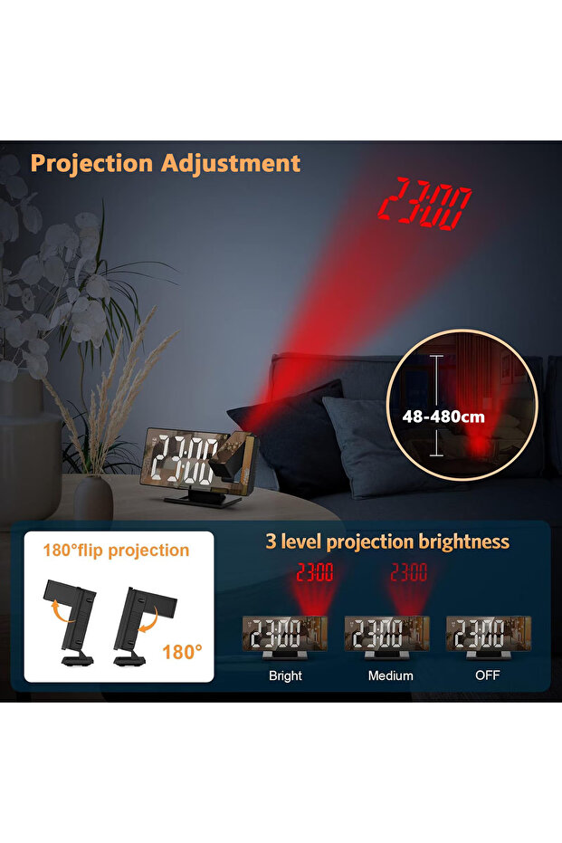 Multifunctional LED clock with projection, Zggzerg, Mirror style, Alarm, LCD temperature display - 4