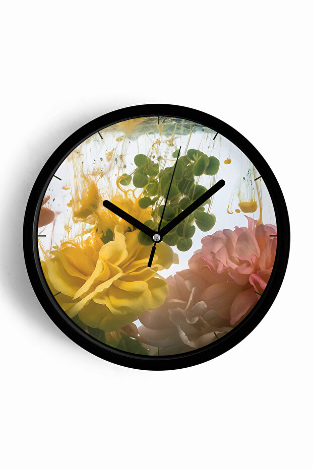 Modern Wall Clock with Artistic Floral Design - 42cm - Black Case with Glass Front - Silent Mechanism