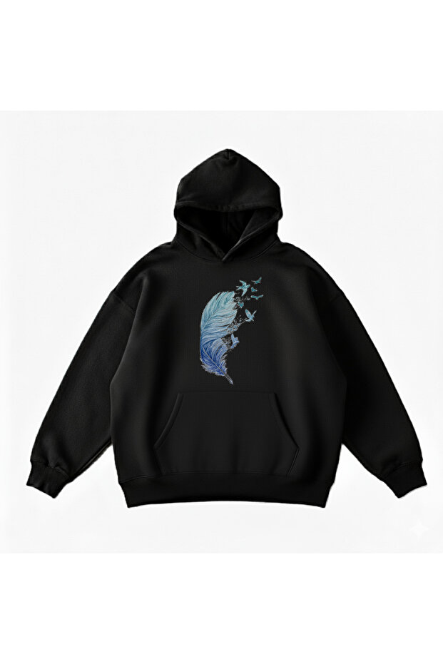 Makiteks Black Cotton Unisex Pocketed Hooded Relaxed Cut Bird Feathers Printed Sweatshirt