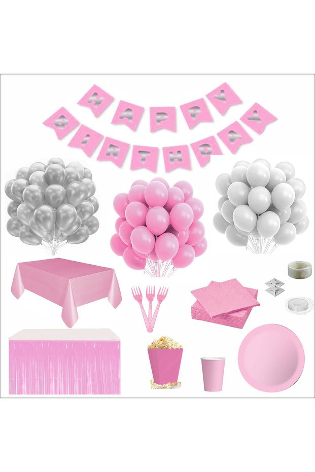 Pink and White 8-Person Birthday Set with Tableware Set